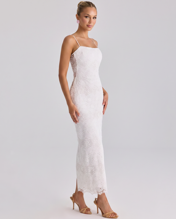 Kassandra | Midi Dress with Lace Overlay and Back Slit