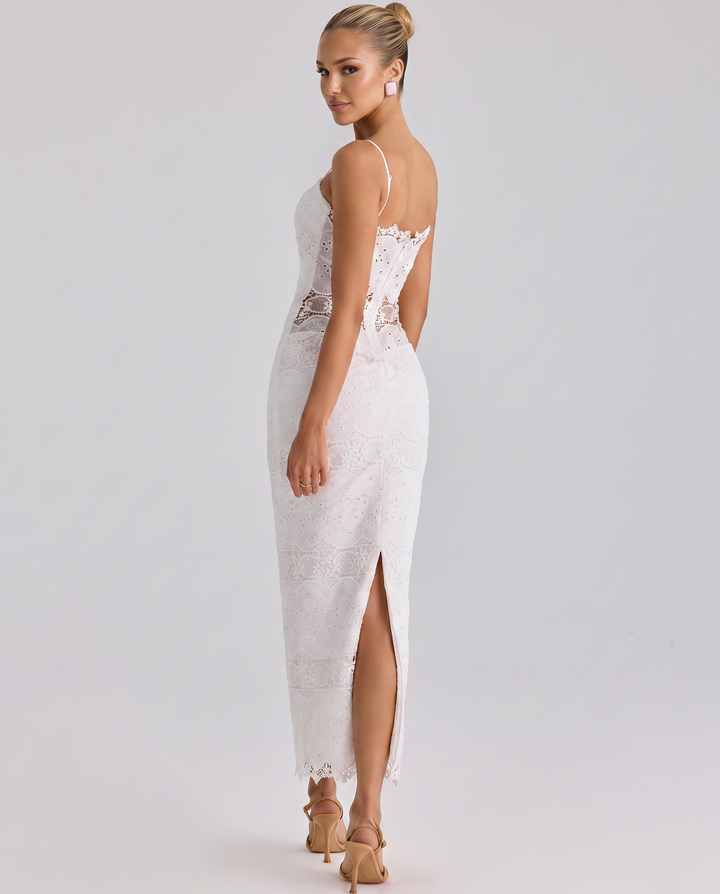 Kassandra | Midi Dress with Lace Overlay and Back Slit