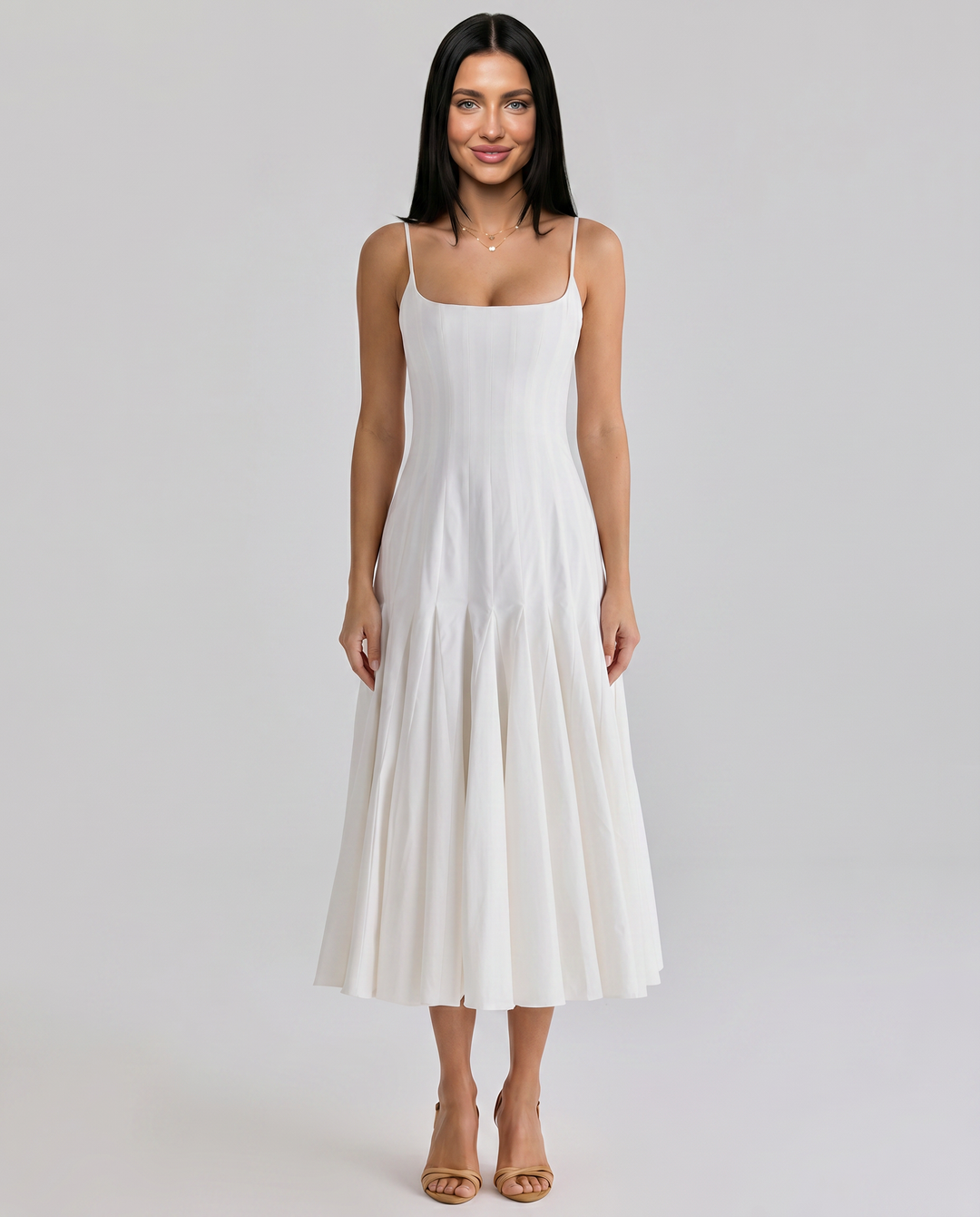Margie | Pleated Midi Dress with Godet Panels