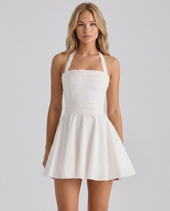 Diane | Halter Neck Mini Dress with Broderie Anglaise