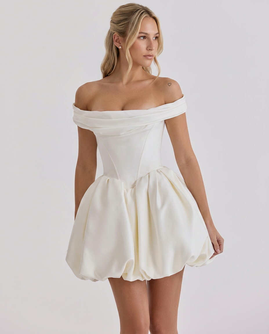 Barbara | Off Shoulder Mini Dress with Bubble Skirt