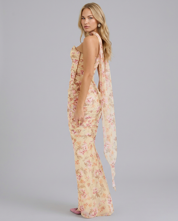 Stacey | Maxi Dress with Mesh Overlay and Fluted Hem