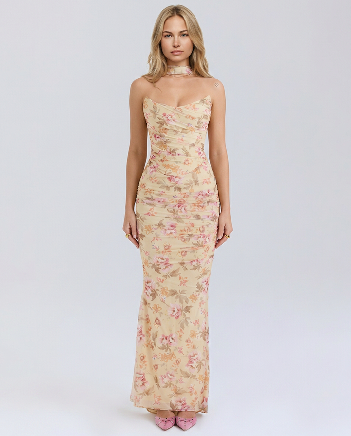 Stacey | Maxi Dress with Mesh Overlay and Fluted Hem