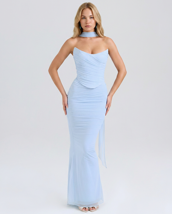 Stacey | Maxi Dress with Mesh Overlay and Fluted Hem