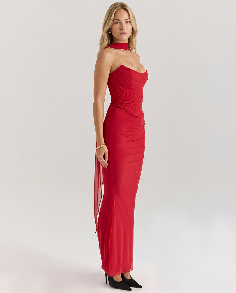Stacey | Maxi Dress with Mesh Overlay and Fluted Hem