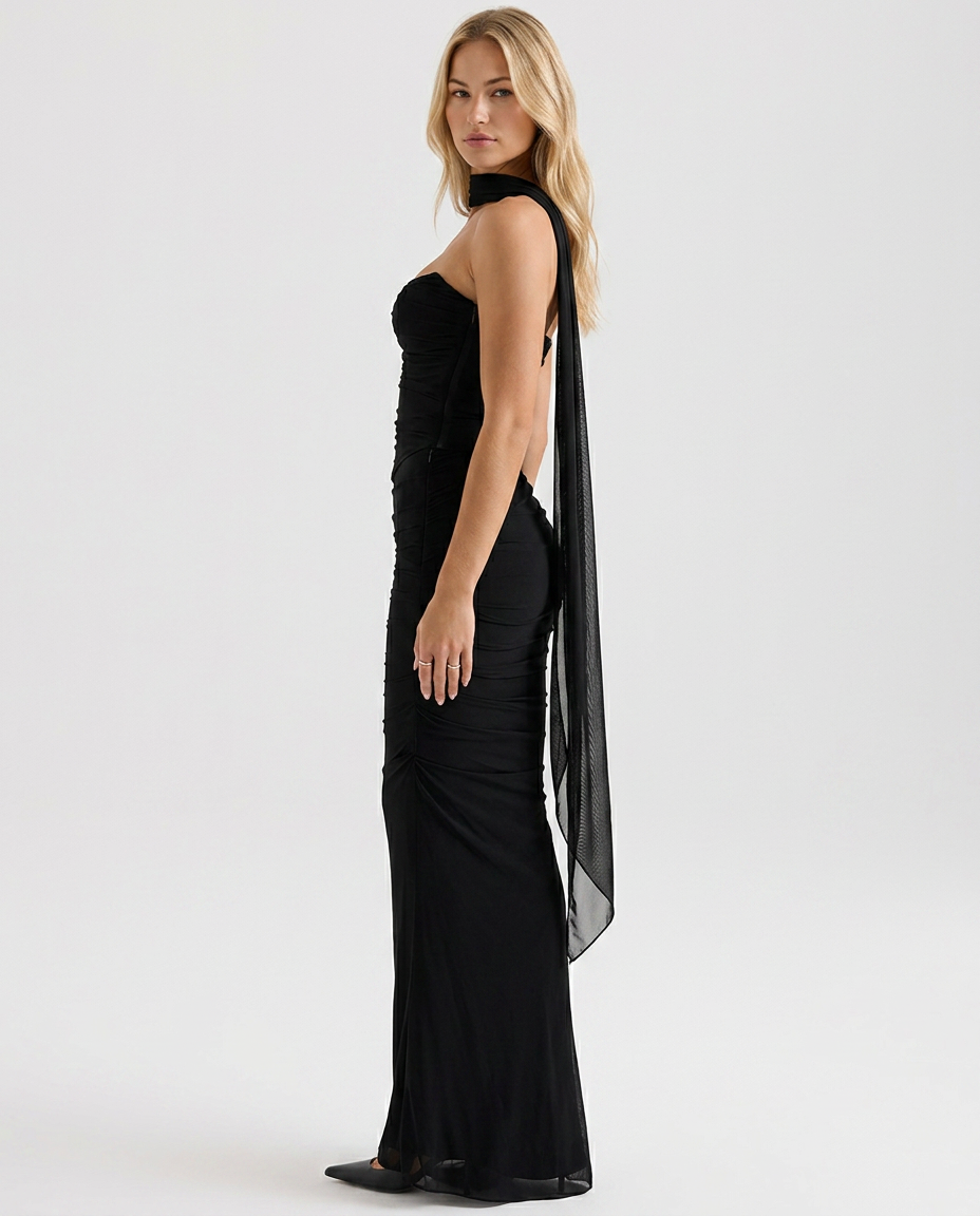 Stacey | Maxi Dress with Mesh Overlay and Fluted Hem