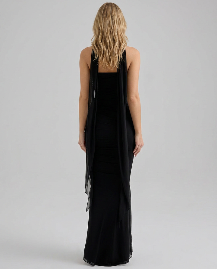Stacey | Maxi Dress with Mesh Overlay and Fluted Hem