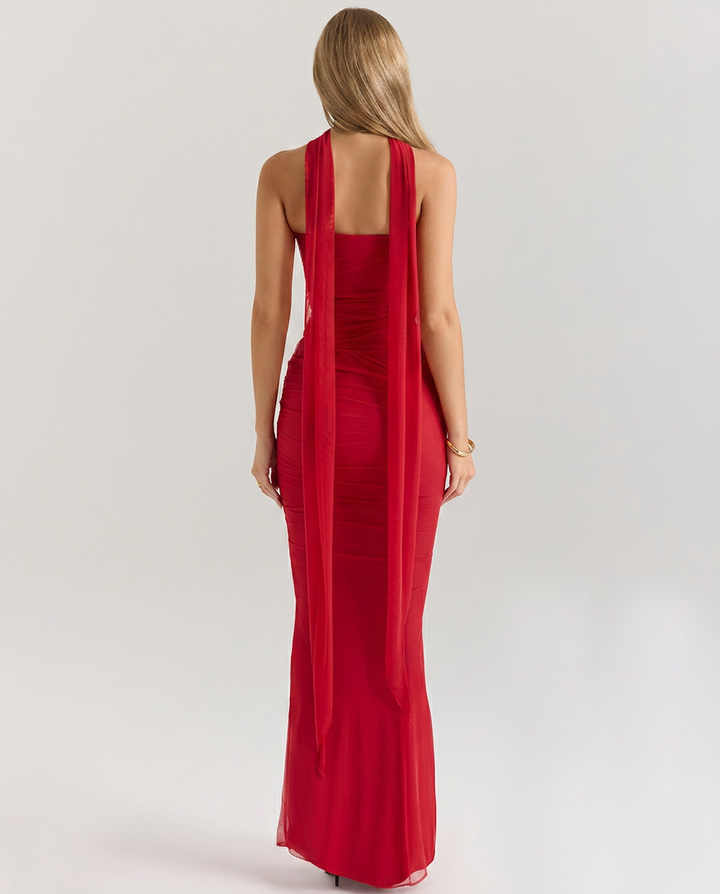 Stacey | Maxi Dress with Mesh Overlay and Fluted Hem