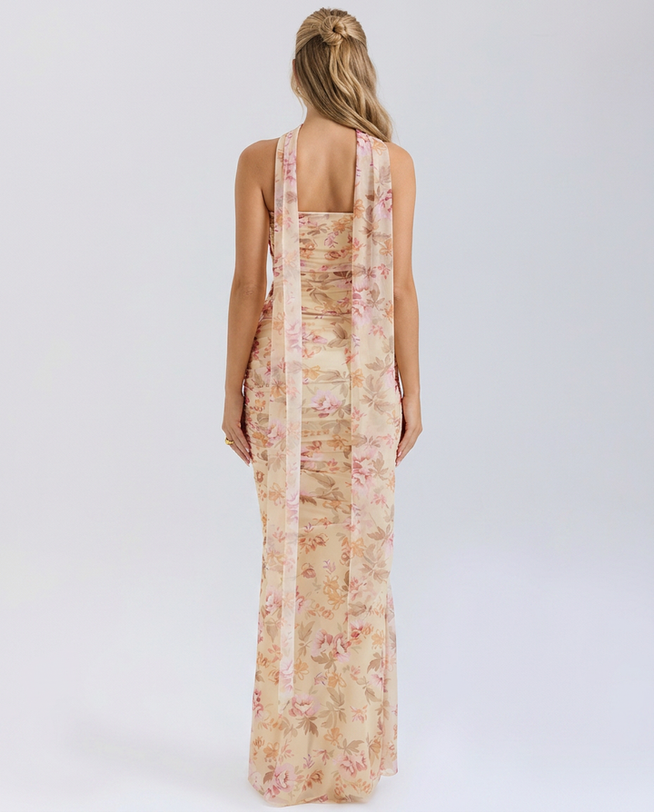 Stacey | Maxi Dress with Mesh Overlay and Fluted Hem