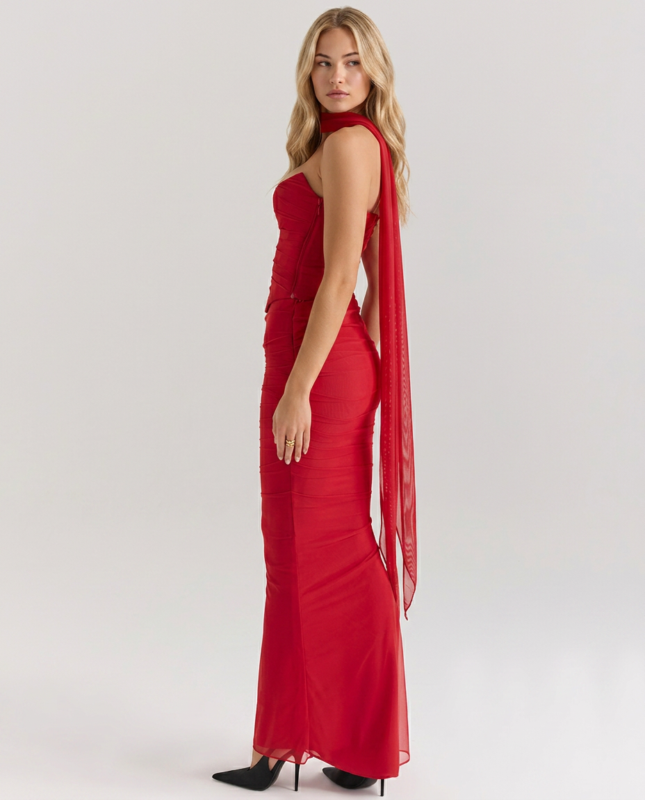 Stacey | Maxi Dress with Mesh Overlay and Fluted Hem
