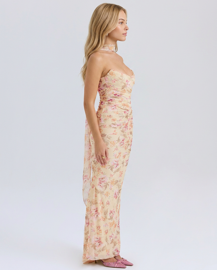 Stacey | Maxi Dress with Mesh Overlay and Fluted Hem