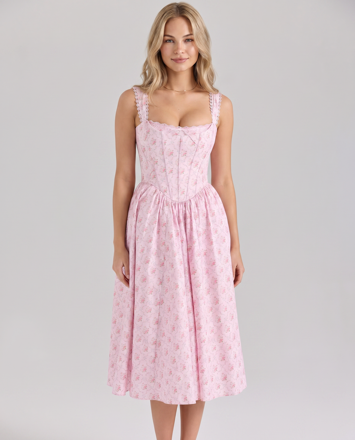 Suzy | Midi Dress with Floral Print and Corset Bodice