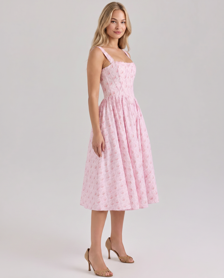 Suzy | Midi Dress with Floral Print and Corset Bodice