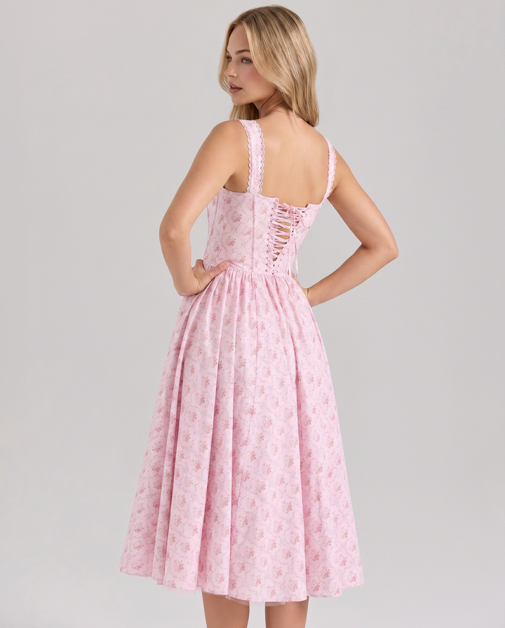 Suzy | Midi Dress with Floral Print and Corset Bodice