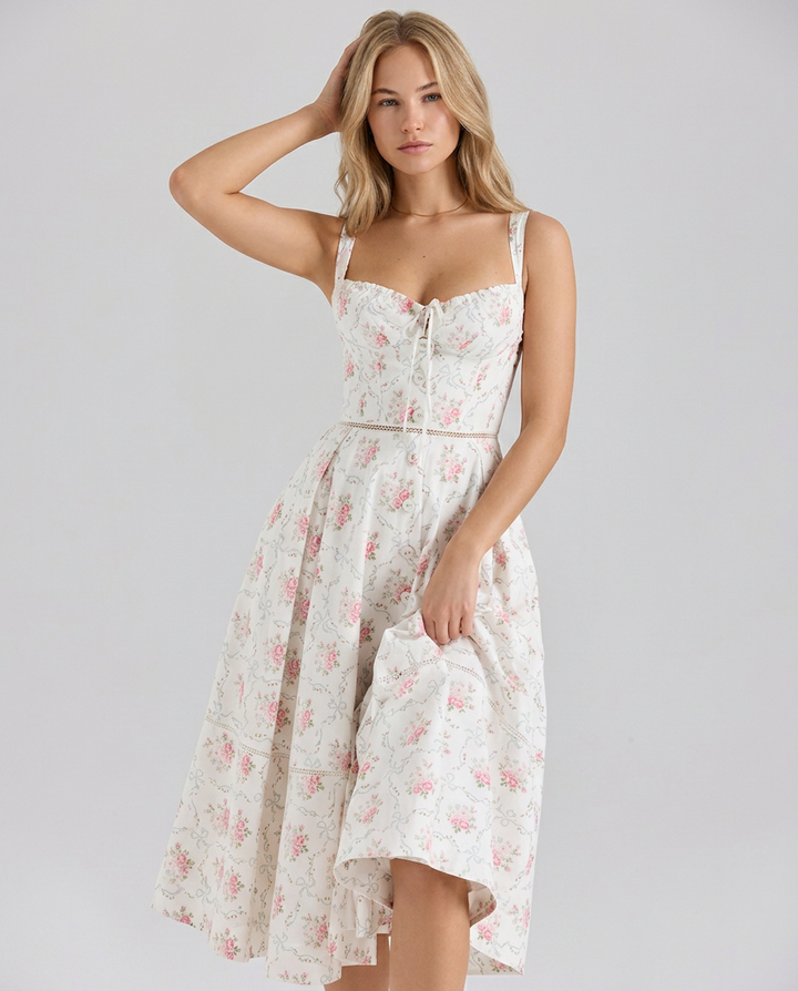 Carole | Printed Button Front Midi Dress With Lace Up Back