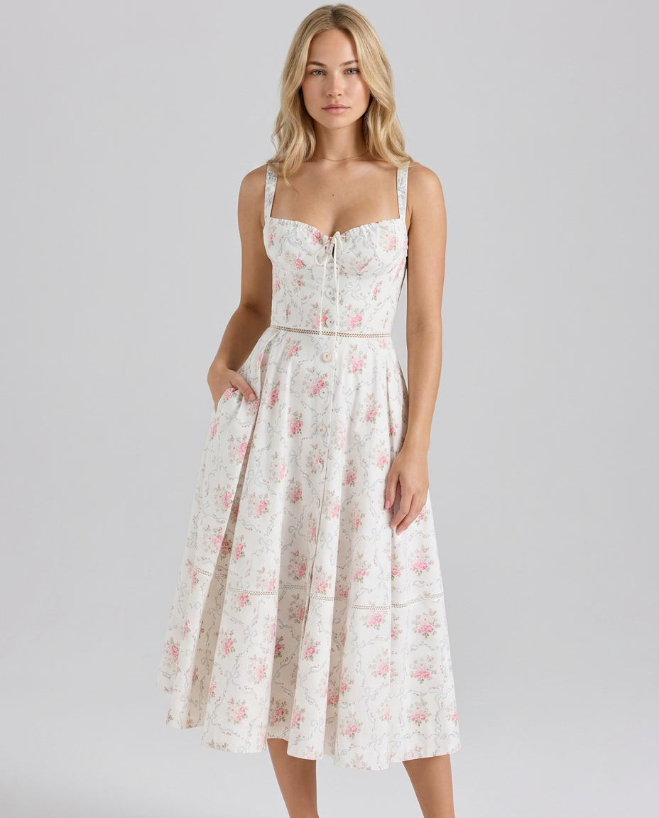 Carole | Printed Button Front Midi Dress With Lace Up Back