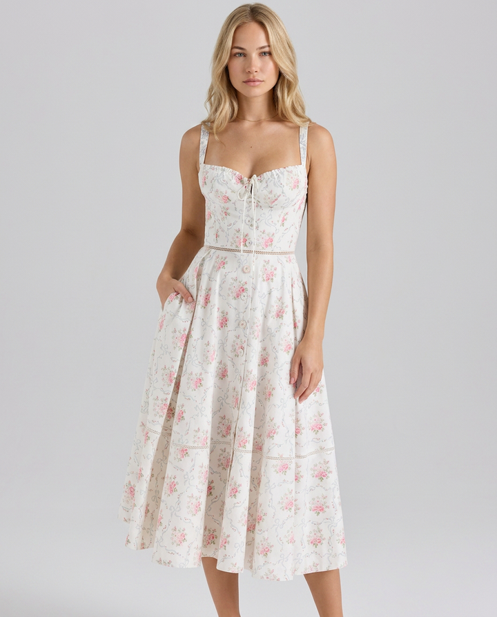 Carole | Printed Button Front Midi Dress With Lace Up Back