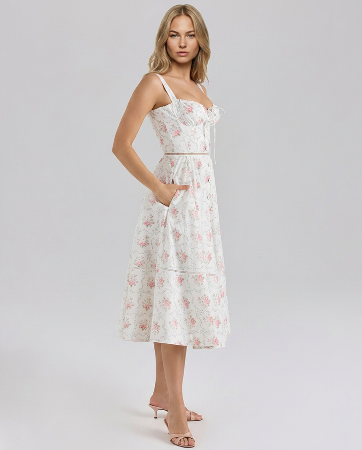 Carole | Printed Button Front Midi Dress With Lace Up Back