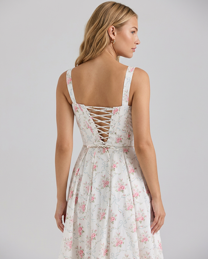 Carole | Printed Button Front Midi Dress With Lace Up Back