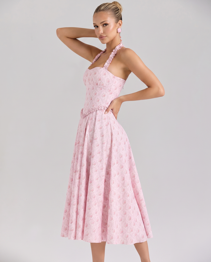 Amelia | Midi Dress with Halter Neck and Corset Bodice