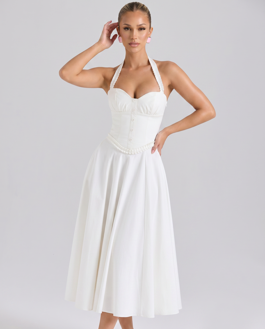 Amelia | Midi Dress with Halter Neck and Corset Bodice