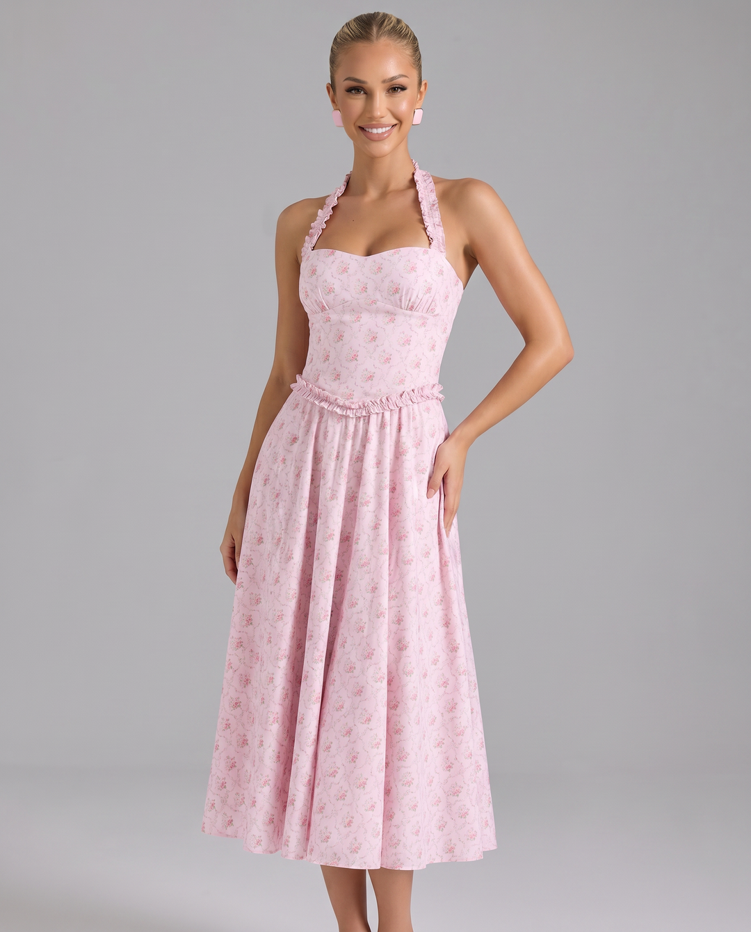 Amelia | Midi Dress with Halter Neck and Corset Bodice