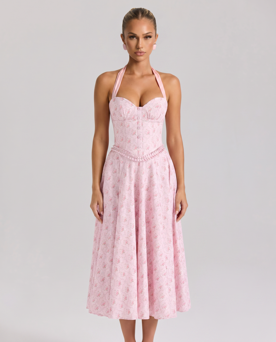 Amelia | Midi Dress with Halter Neck and Corset Bodice