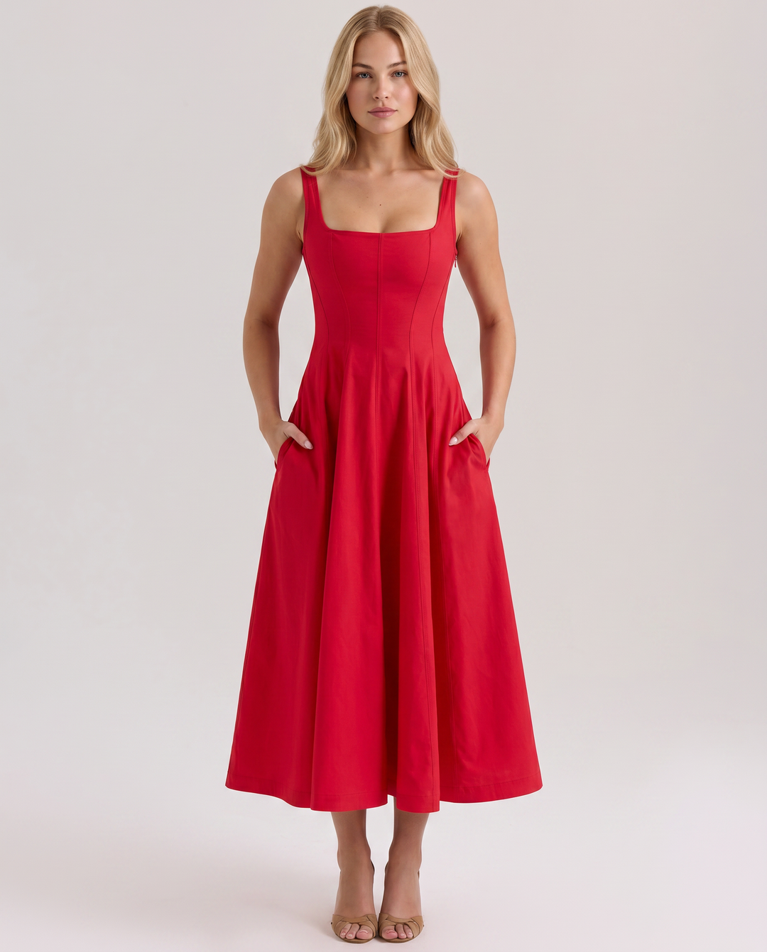 Bronwyn | Midi Sundress with Square Neck and Lace-Up Back