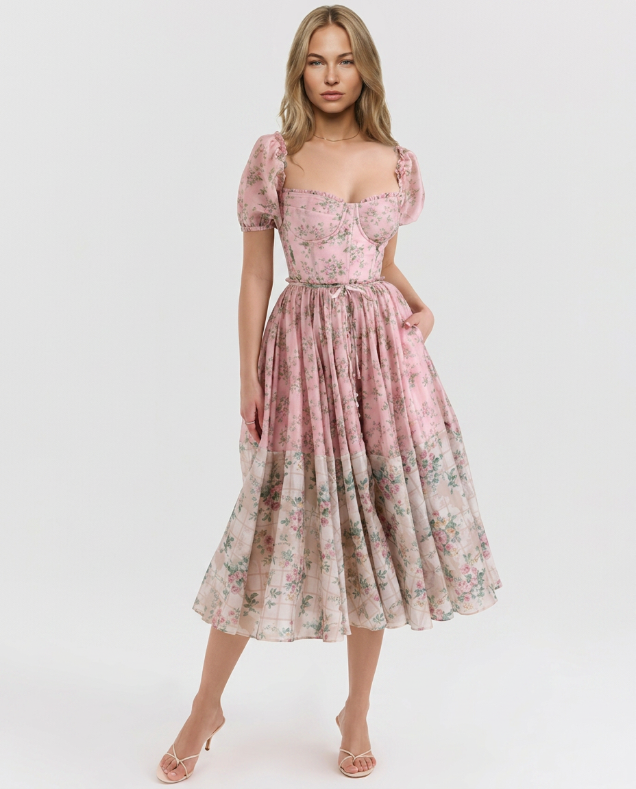 Elma | Floral Midi Dress with Puff Sleeves