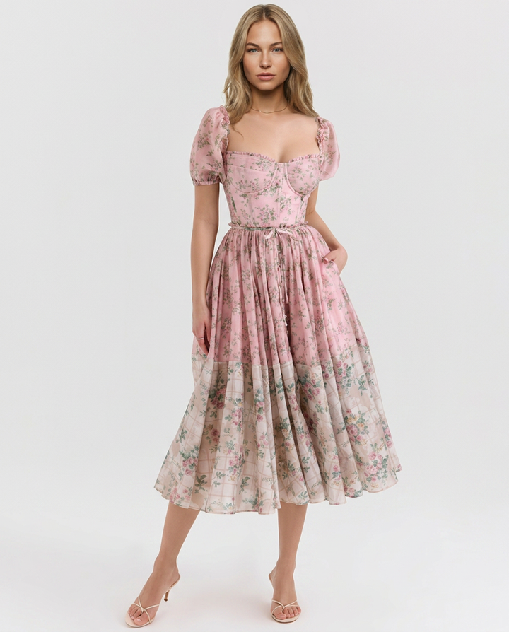 Elma | Floral Midi Dress with Puff Sleeves