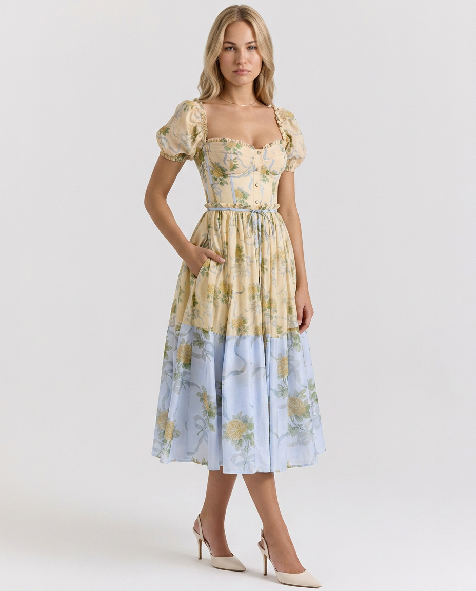 Elma | Floral Midi Dress with Puff Sleeves