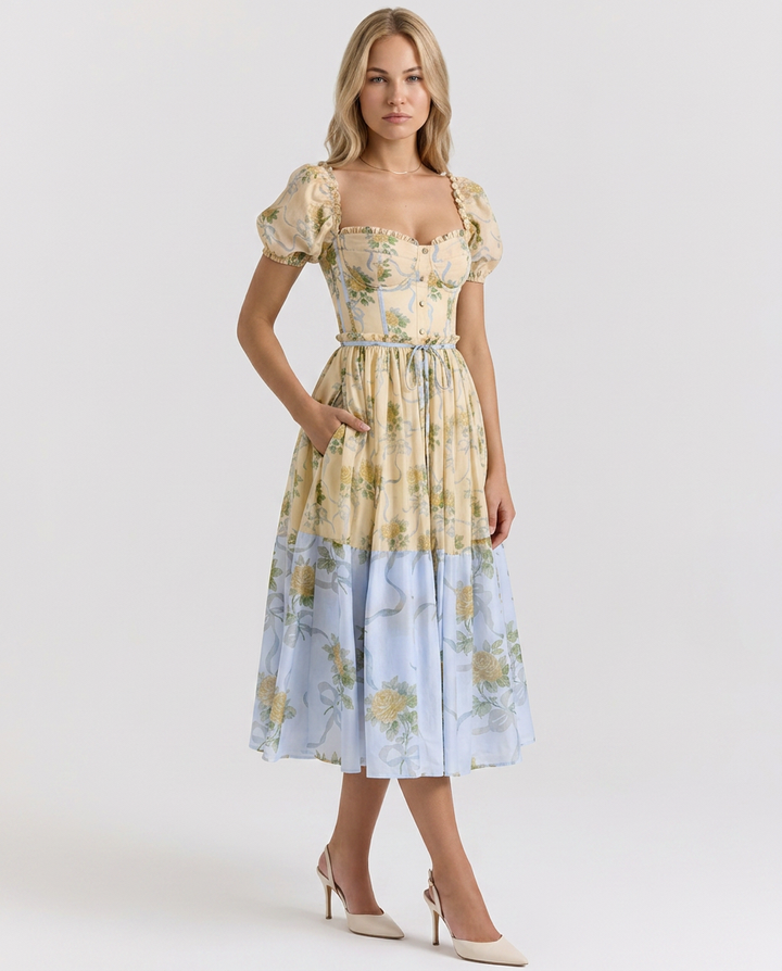 Elma | Floral Midi Dress with Puff Sleeves