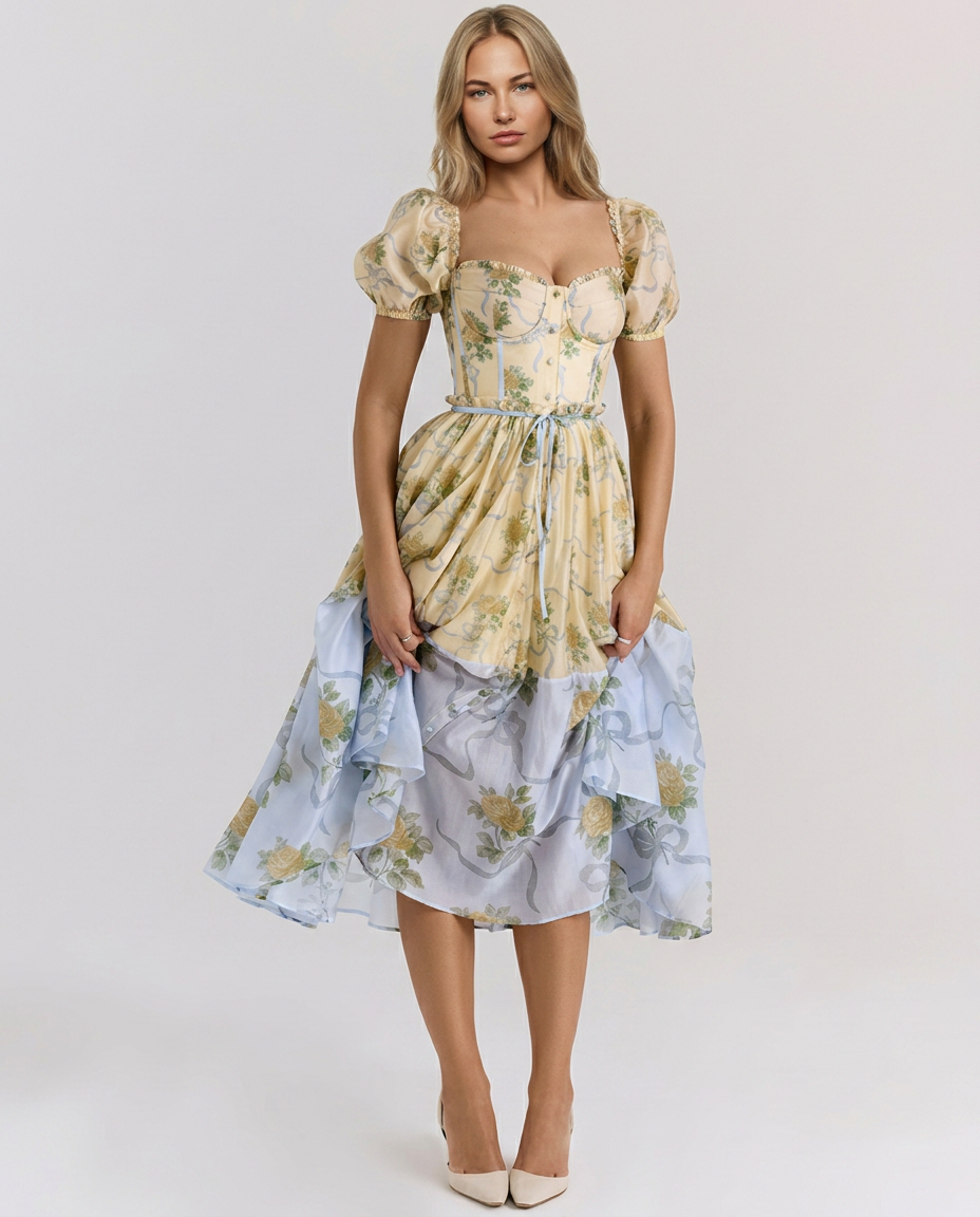 Elma | Floral Midi Dress with Puff Sleeves