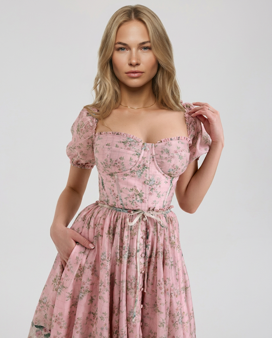 Elma | Floral Midi Dress with Puff Sleeves