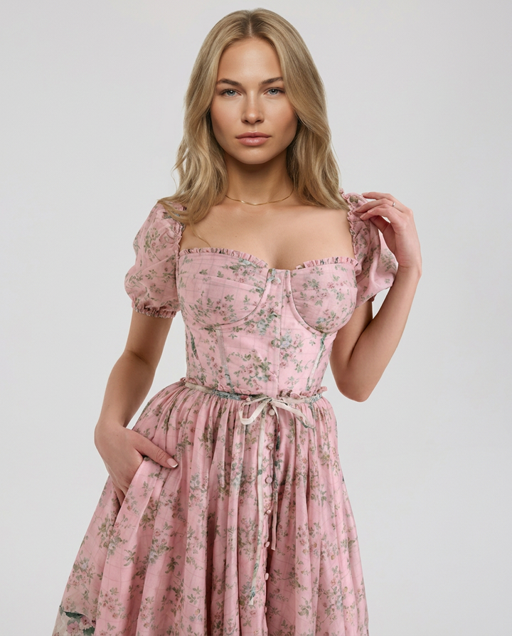 Elma | Floral Midi Dress with Puff Sleeves