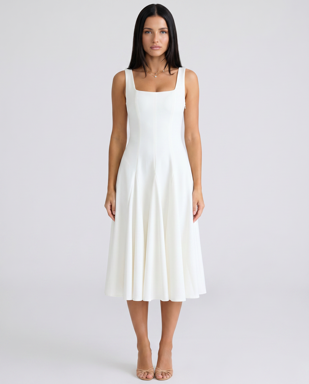 Calantha | Midi Dress with Square Neck and Cap Sleeves