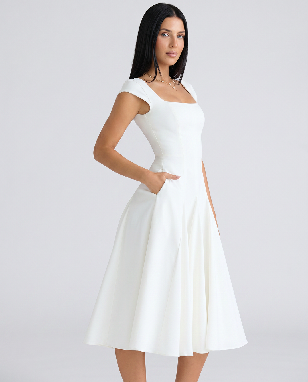 Calantha | Midi Dress with Square Neck and Cap Sleeves