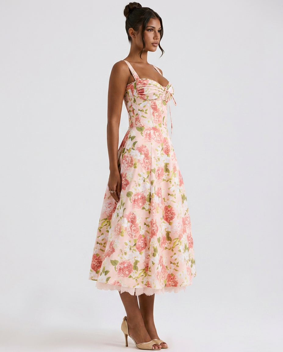 Alberta | Midi Dress with Ribbon Print and Fitted Bodice