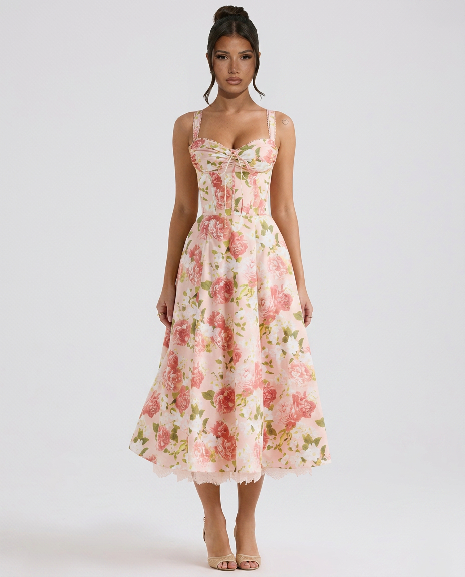 Alberta | Midi Dress with Ribbon Print and Fitted Bodice