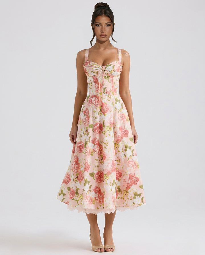 Alberta | Midi Dress with Ribbon Print and Fitted Bodice
