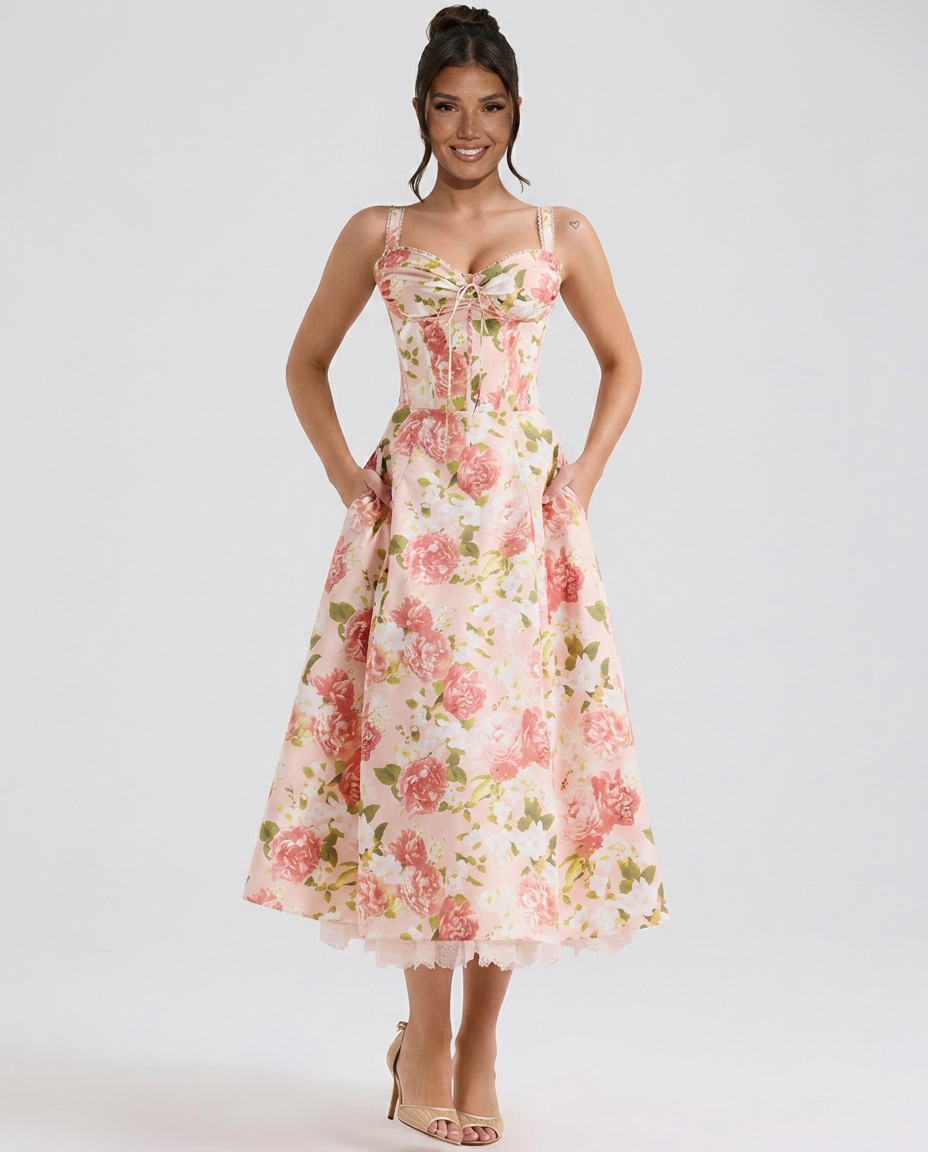 Alberta | Midi Dress with Ribbon Print and Fitted Bodice