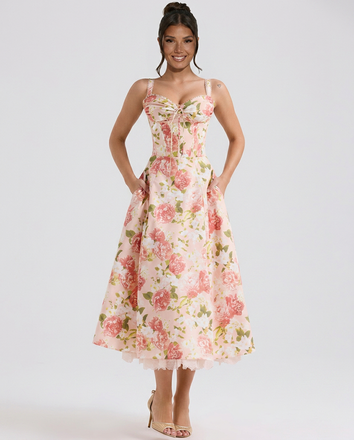 Alberta | Midi Dress with Ribbon Print and Fitted Bodice