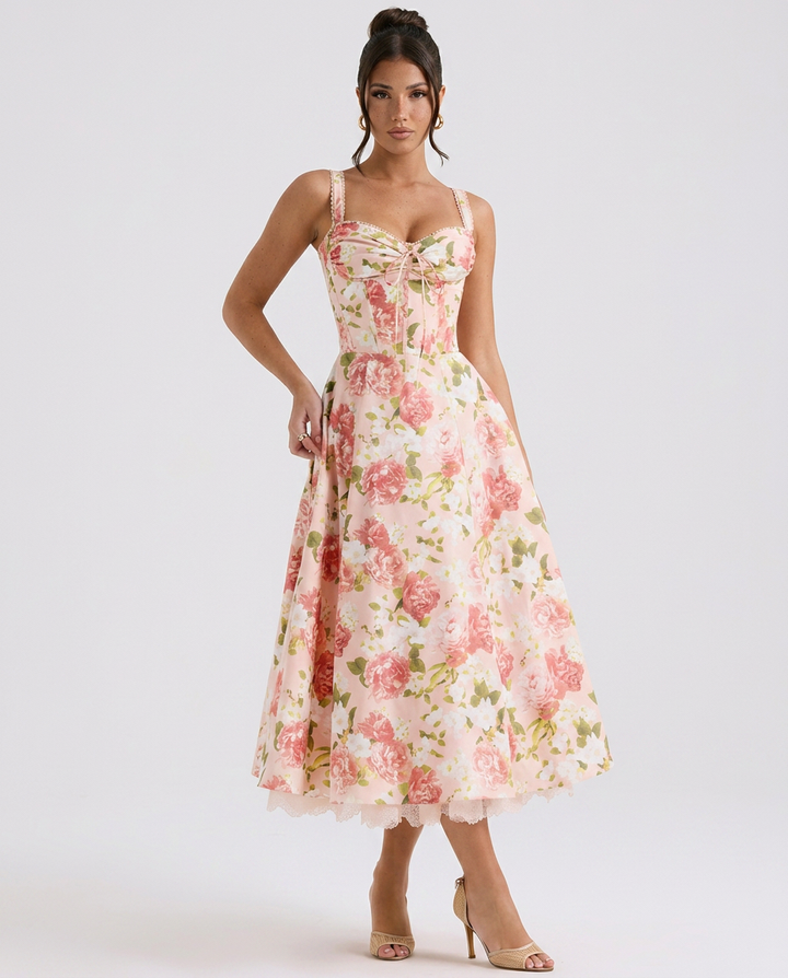 Alberta | Midi Dress with Ribbon Print and Fitted Bodice
