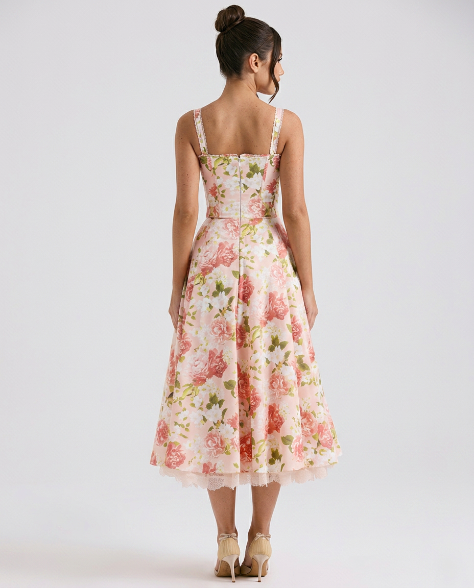 Alberta | Midi Dress with Ribbon Print and Fitted Bodice