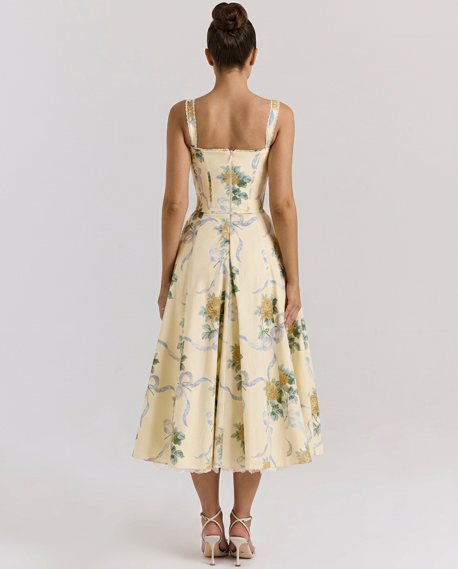 Alberta | Midi Dress with Ribbon Print and Fitted Bodice