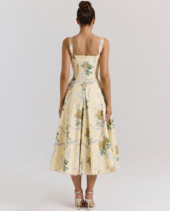Alberta | Midi Dress with Ribbon Print and Fitted Bodice