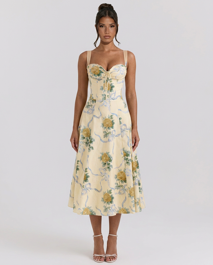 Alberta | Midi Dress with Ribbon Print and Fitted Bodice