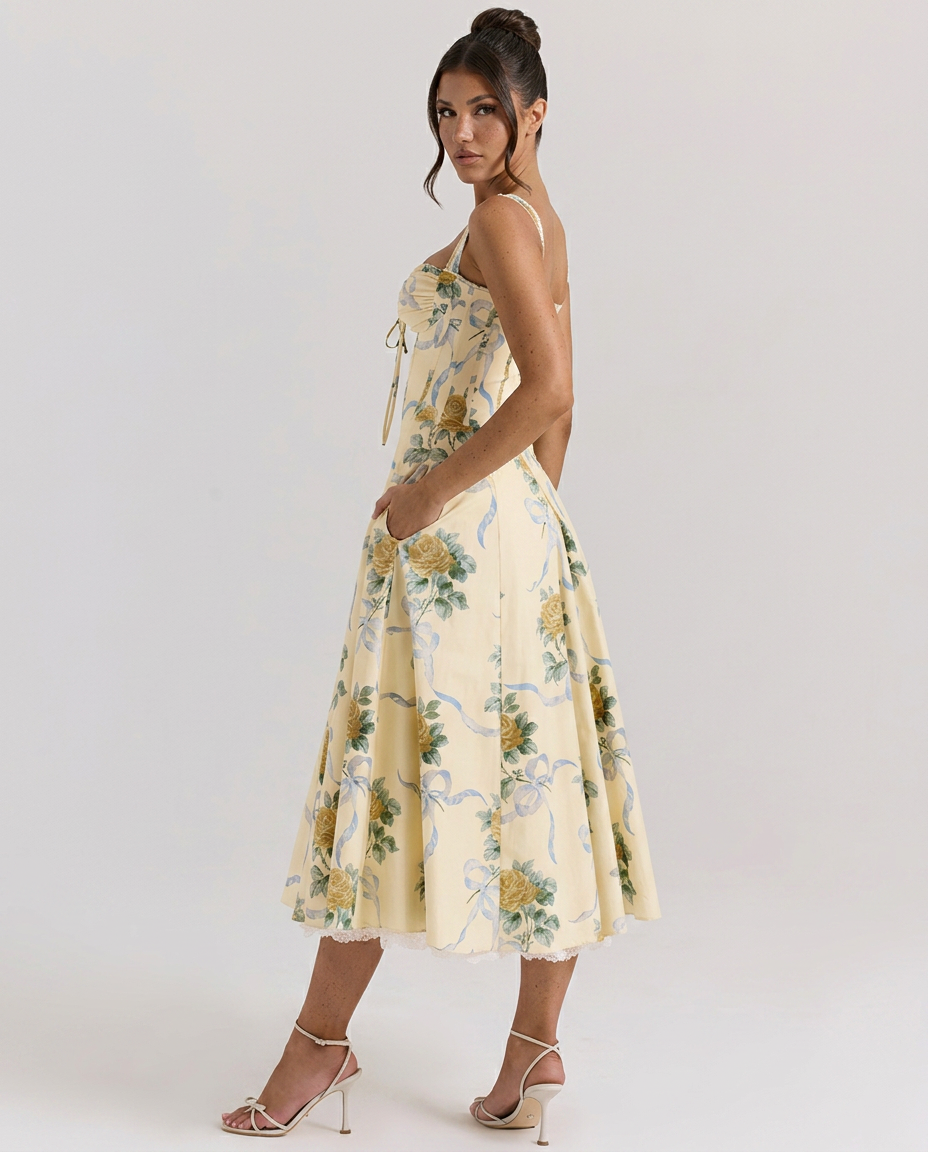 Alberta | Midi Dress with Ribbon Print and Fitted Bodice
