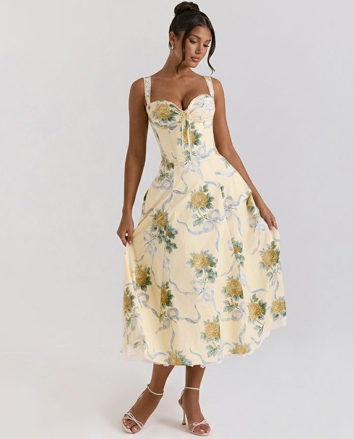 Alberta | Midi Dress with Ribbon Print and Fitted Bodice