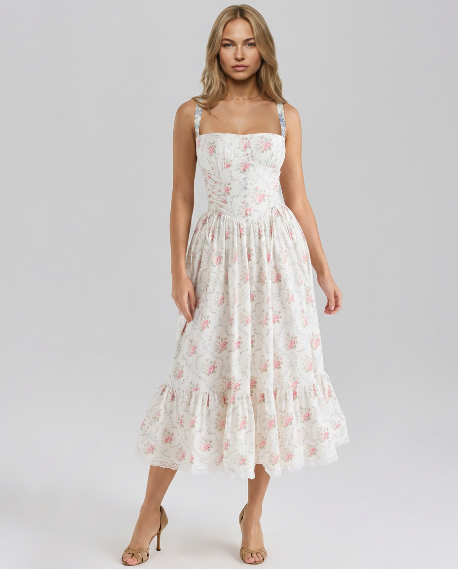 Rosalie | Lace-Up Midi Dress with Printed Skirt